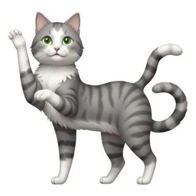 grey and white cat with green eyes doing a big extremely long stretch reaching up into the air with arms and legs side by side together straight and overextended sticker