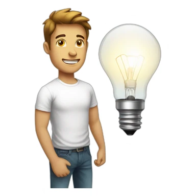 man with white tshirt thinking light bulb sticker
