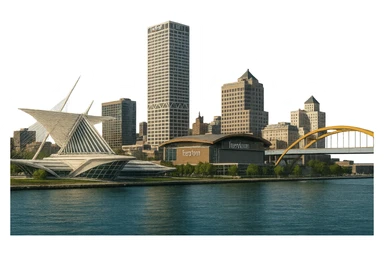 cinematic realistic emoji of Milwaukee wide city view with iconic landmarks Milwaukee Art Museum Fiserv Forum US Bank Center Hoan Bridge lifelike detail accurate colors bright daytime lighting no sky no clouds no city name label sticker