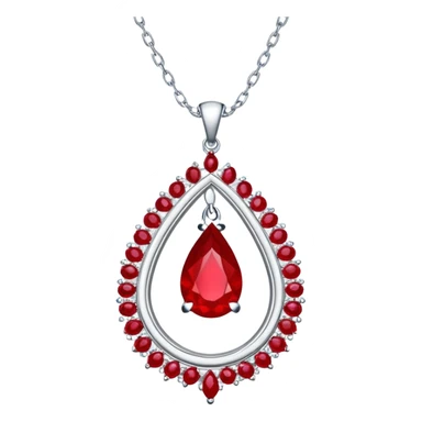 enchanted ruby talisman, teardrop shape, glowing with life force, encircled by white stones on a floating silver chain sticker