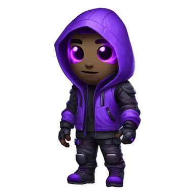 developer behind his laptop with this style : crysis Cyberpunk Valorant neon glowing bright purple character purple violet black hooded assassin themed character sticker