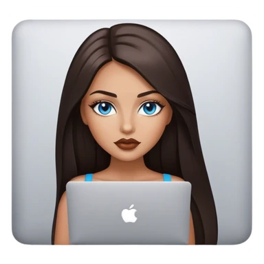 Glamours tanned very beautiful girl with pump lips and dark chocolate straight smooth long hair, blue-grey eyes with MacBook sticker