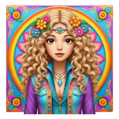 Create a 3D ultra detailed psychedelic colored square hippie style flower border with a gorgeous hippie in the center with long curly hair, bell bottoms, and a fringed jacket sticker