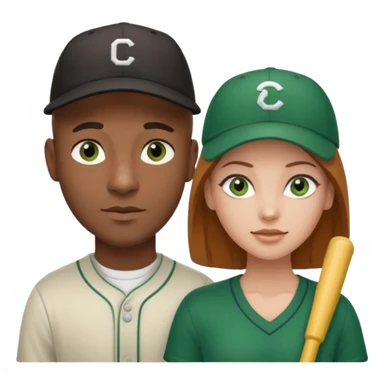 Black bald guy with a baseball cap & a white girl brown hair green eyes sticker