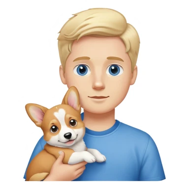 White boy with blonde hair and blue eyes holding corgi puppy sticker
