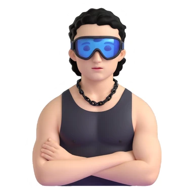 shirtless male athlete with white skin and moderately curly black hair on top with shaved sides, wearing black ski goggles with very dark heavily tinted black lenses that completely hide the eyes, and a simple plain black chain necklace, no earrings sticker