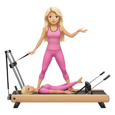long haired blonde pilates instructor teaching reformer in pink set beige reformer sticker