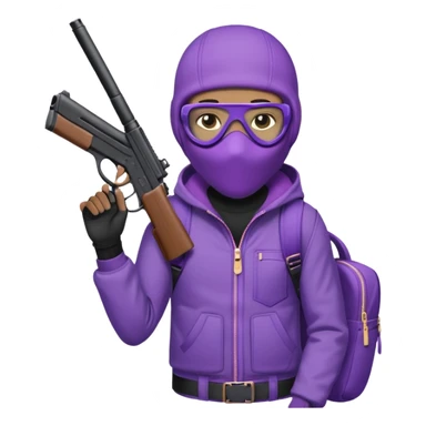 YN wearing a ski mask, holding a gun, purple jeans, Sprayground bookbag, confident stance sticker
