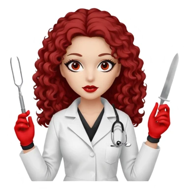 


Scary woman scalpel in hand, evil surgeon sexy surgeon clothes.  She has redcolored  eyes. Her  hair only is free ne brown long curly hair. Wears sexy doctor outfit with red gloves. make her wear full ski mask yo mask and nose mouth mask  to hide. Wears white surgeon coat, wears  stilettos sticker