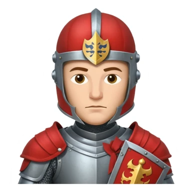 An emoji portrait of a medieval knight. He wears a suit of armor with a stylized helmet. His expression is serious and determined, and he holds a shield with a family crest. sticker