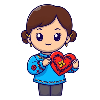 A beautiful young girl with brown hair in a Ukrainian embroidered shirt is holding a large embroidered heart sticker