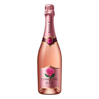bottle of sparkling rosé champagne with a rose logo on the label, tilted up and to the right, no glass sticker