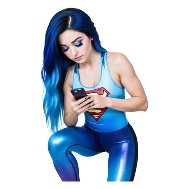 Disapponted-big tears-head back texting on phone-very very large upper body-sexy face-bending forward at waist-very long very straight dark blue to light blue ombre hair-and-blue eyes-thick black eyeliner-long eyelashes-iridescent blue lowcut tanktop with black leggings with glitter superman logo sticker