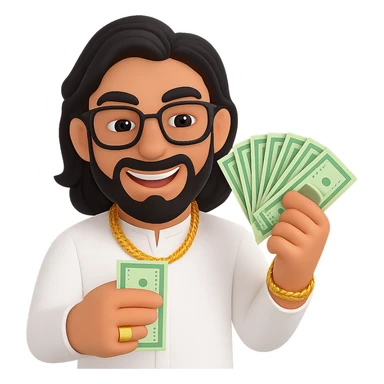 Edit the blond man with mid-length hair, black glasses, gold jewelry in Dubai luxury style. Show a greedy smile with no background. sticker