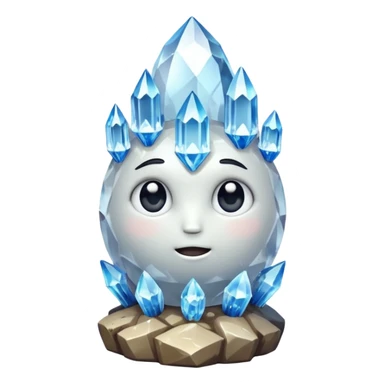 A single cute crystal rock character inspired by a clear quartz cluster, chunky round base with many tall transparent crystal spikes growing upward all around it with a face sticker