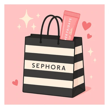 A Sephora shopping bag with a pink preppy lip balm and Summer Fridays branding peeking out, surrounded by sparkles and hearts, stylish and summery sticker