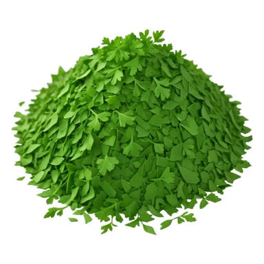 loose scatter of finely crumbled green herb flakes with jagged, flat shapes and a dry, matte texture, color ranges from bright to muted green, evoking dried curly or flat-leaf parsley, soft lighting, subtle shadows, emoji scale sticker