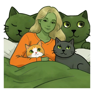 Blonde woman in bed with a golden retriever and a dark gray cat and an orange cat sticker