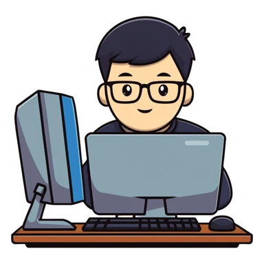 Young man with glasses using an outdated desktop computer with bulky monitor sticker