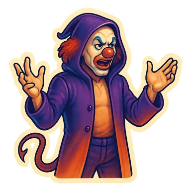 evil clown wizard in a 3/4 length unbuttoned coat with a hood, calm and serious, gesturing with both hands, mouth open as if talking, no pentagram, no robe, no spells, visible tail sticker