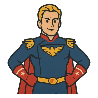 flat toon style Homelander with hands on hips, no background sticker