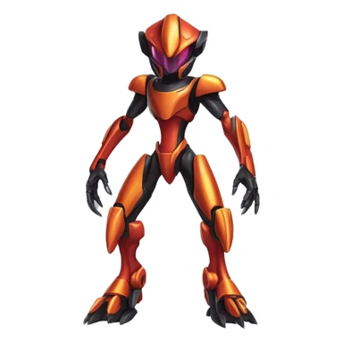 a shiny metallic black-red-orange Genesect-Flygon-Raptor-Fakémon-Medabot-hybrid with a futuristic visor-helmet full body sticker