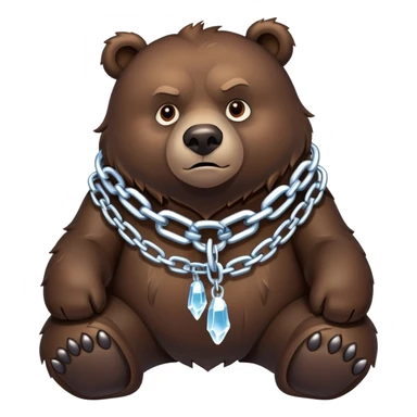 Intimidating dark brown bear on four legs with heavy ice chain around neck, frozen chain links with icicles, serious expression sticker