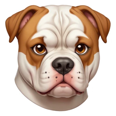 Cinematic Noble White and Brown American Bulldog Portrait Emoji, Poised and regal, with a strong, muscular build and a short, well-groomed white coat accented by warm brown patches, deep-set soulful brown eyes, Simplified yet sharp and sophisticated features, highly detailed, glowing with a soft, dignified glow, high shine, intelligent and loyal, stylized with an air of strength, focused and attentive, soft glowing outline, capturing the essence of a watchful and confident guardian, so majestic it feels as though it could step out of the screen with effortless authority! sticker
