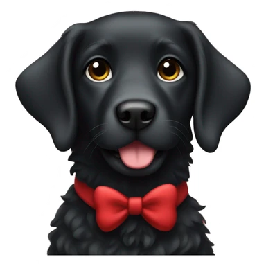 Black labrador with a long curly fur in a red sweater and bow sticker