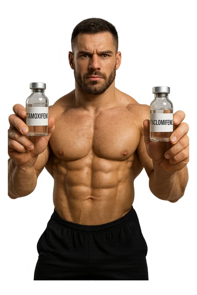 bodybuilder tiene una fiala medica con la scritta "TAMOXIF€NE" NELLA MANO DESTRA E UNA FIALA CON LA SCRITTA €NCL*MIFENE" NELLA MANO SINISTRA sticker