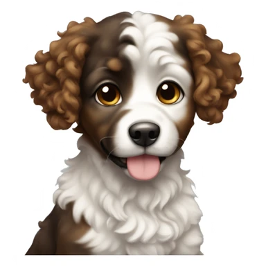 Curly puppy with black and brown hair and white chest sticker