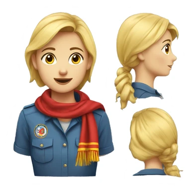 A scout girl with blond hair with a knotted red and yellow scarf and blue scout shirt sticker