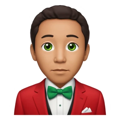 Smokey Robinson with dark brown hair, red suit with bow tie, green eyes sticker