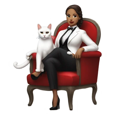 a woman cosplaying don corleone as a mafia boss sitting on a red chair petting a white cat on his lap sticker