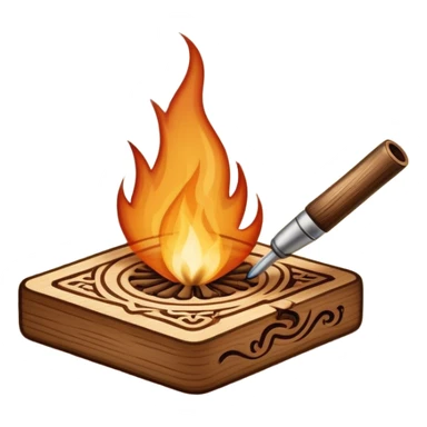 Pyrography icon, wooden surface with intricate burn marks, detailed patterns being burned into wood with a pyrography tool, smoke rising, minimalistic style, clean lines, transparent background. sticker