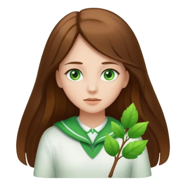 Girl with long brown hair and green eyes and a white ahirt sticker
