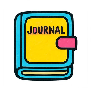 A journal icon, flat design with a book cover and pages, using bright colors and simple shapes. sticker