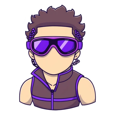 close-up of bad guy male athlete with white skin and moderately curly dark brown hair on top with shaved sides, wearing ski goggles with purple frames and very dark black lenses, a simple plain black chain necklace, and a completely unzipped sleeveless vest with purple and black sequin fire pattern design with no logo, with an extremely arrogant sneer on his face, looking menacing and villainous, exuding overconfidence and a threatening aura sticker
