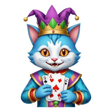 crazy colorful cute little cat jolly joker from poker, medieval, vintage, court jester, mac os icon, blue color, holds poker cards (clearly detailed and precise) sticker