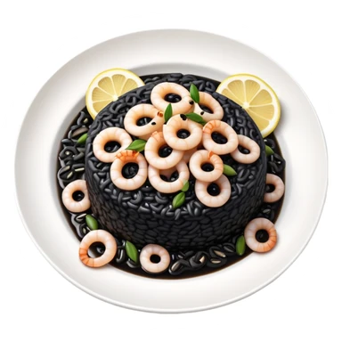 cinematic-realistic-black-risotto-dish,-showcasing-small squid pieces-rendered-with-bold-textures-and-dynamic,-dramatic-lighting in a white plate with a grilled lemon on top sticker