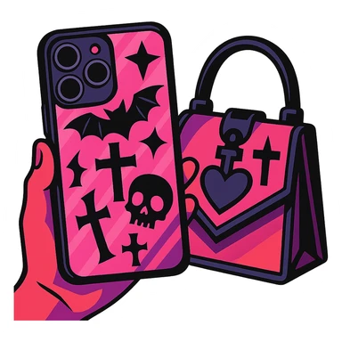 pink and black gothic phone case, bold colors, dynamic shading, energetic, gothic motifs, matches gothic purse sticker