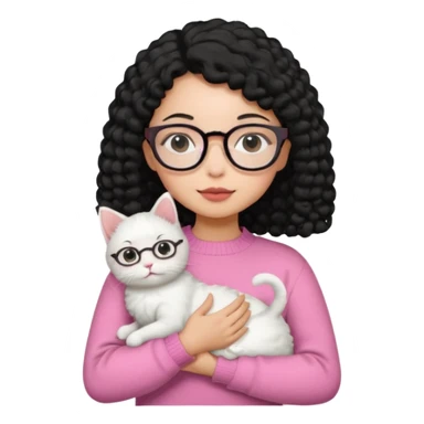 a girl with a black perm hair, wearing a pink sweater and glasses, holding a cute white cat, only upper body sticker