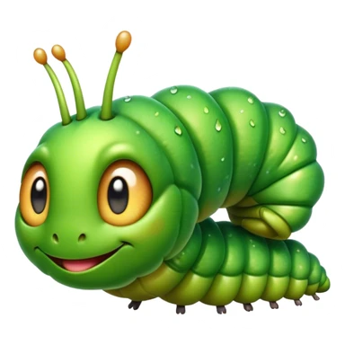 Cinematic Realistic Cute Caterpillar Portrait Emoji, Head tilted playfully and inquisitively, featuring a compact, segmented body in bright, vibrant green with delicate, inviting textures and a charming, rounded face with sparkling eyes full of curiosity, rendered with lifelike detail and natural highlights, high shine, affectionate and spirited, styled with a touch of garden whimsy, soft glowing outline, capturing the essence of a mischievous yet lovable caterpillar that seems poised to crawl cheerfully into your arms! sticker
