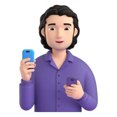 Business professional with black wavy hair, stubble, chiseled face, in casual attire with open collar shirt, relaxed pose with smartphone, warm approachable expression, modern and relatable for social media profile sticker