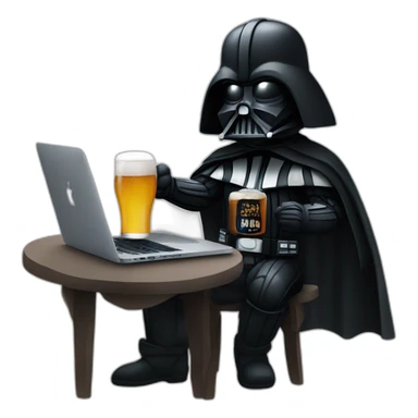 Dark vader holding a beer and a macbook sticker