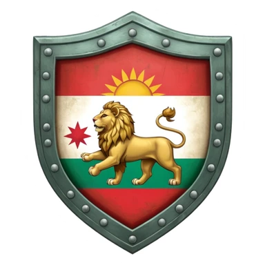 rectangular shield with the flag of Iran, with a lion and a sun sticker