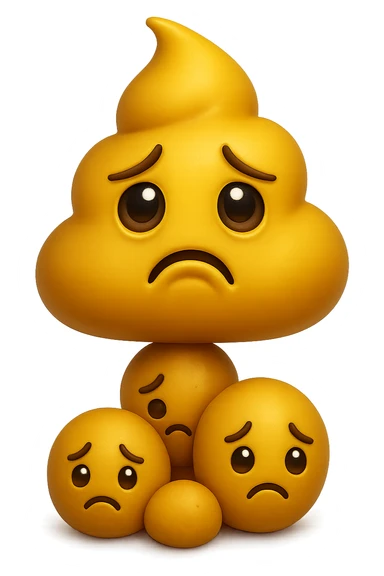 emoji stile iphone di una cacca giallina e liquida con espressione triste, sopra una montagnetta di feci a palline con espressione triste, iperrealistico 4k sticker