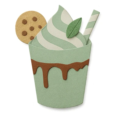 Change the milkshake to a fresh mint green and white palette, keeping the glass with chocolate drizzle, cookie on the rim, and mint leaf on top, with no background. sticker