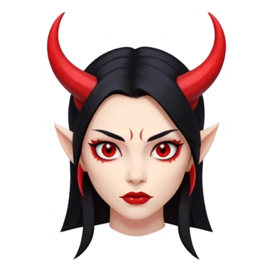 Head demon girl, strong pronounced cheekbones, sharp angular jawline, skin red everywhere, long straight sleek black hair, small horns sticker