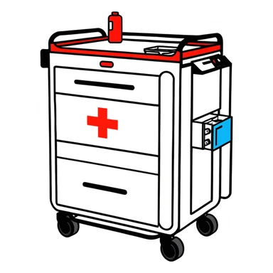 Singular Red medical crash cart is a mobile, multi-drawer unit designed to store and organize emergency medical supplies and equipment and a cardiac defibrillator on top sticker